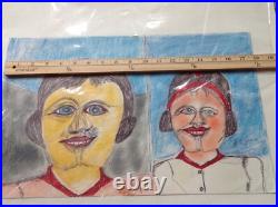 S L JONES Folk Art Outsider artist painting signed Two Faces (cat #9)