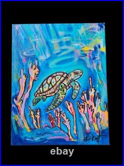 Sea Turtle 11 X 14 acrylic painting canvas original Abstract Folk Outsider Art Sea Turtle 11 X 14 acrylic painting canvas original Abstract Folk Outsider Art