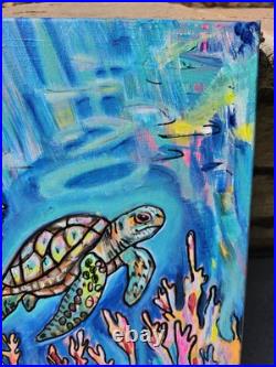 Sea Turtle 11 X 14 acrylic painting canvas original Abstract Folk Outsider Art Sea Turtle 11 X 14 acrylic painting canvas original Abstract Folk Outsider Art