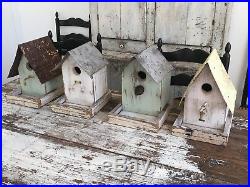 Set Of 4 Folk Art Vintage Repurposed Wood Hand Painted Old Hardware Birdhouses