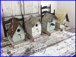 Set Of 4 Folk Art Vintage Repurposed Wood Hand Painted Old Hardware Birdhouses