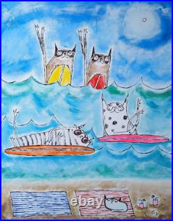 Siamese Cat Painting Original Surfer Beach Abstract Folk Art By Samantha McLean