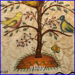 Signed Anne Wiest Pennsylvania Folk Art Theorem Painted on Fabric Birds in Tree