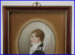 Signed Antique 1810 Miniature Folk Art Portrait Painting, Profile Young Man, NR