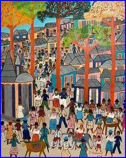 Signed ETIENNE CHAVANNES 20th c. Haitian NAIVE FOLK ART PAINTING Christening Day