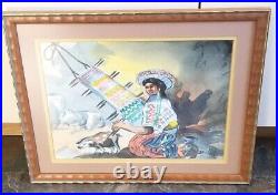Signed Guatemalan Folk Art Watercolor Painting Girl Weaving Plus Tourism/ Maps