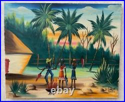 Signed HAITIAN painting oil on stretched canvas FOLK ART Haiti OUTSIDER vintage