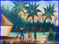 Signed HAITIAN painting oil on stretched canvas FOLK ART Haiti OUTSIDER vintage