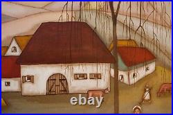 Signed Large Rosemarie Belden Folk Art Oil On Canvas Painting Vintage 1970
