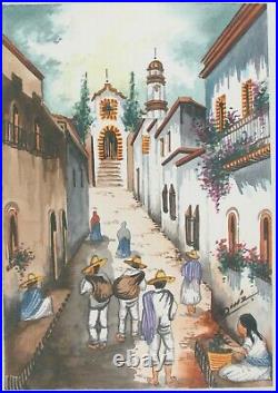 Signed Marco Ruiz (M. Ruiz) Mexican Folk Art Watercolor Painting Street Scene