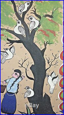 Signed Mexican Framed Folk Art Painting Mary, Birds, Angels