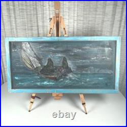 Signed NS Nautical Sailboat Oil Painting on Screen Mesh Rustic Folk Art 37 x 18