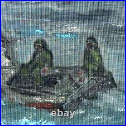 Signed NS Nautical Sailboat Oil Painting on Screen Mesh Rustic Folk Art 37 x 18