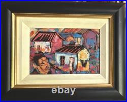 Signed Original Engraved Oil Painting Framed Abstract Folk Art