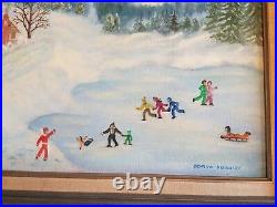 Signed Original Estate Vintage Ice Skating Winter Scene Framed Oil Painting