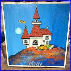 Signed Original FRED BONN Folk Pop Art Acrylic Painting House & Cars