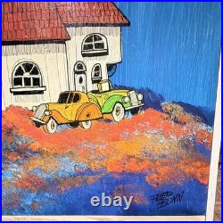 Signed Original FRED BONN Folk Pop Art Acrylic Painting House & Cars