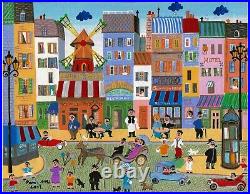 Signed Original French Naive Folk Art Paris City Street Scene Painting by GATT