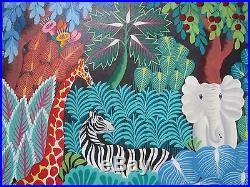 Signed Original Joel Gauthier Large Tropical Haitian Folk Art Painting