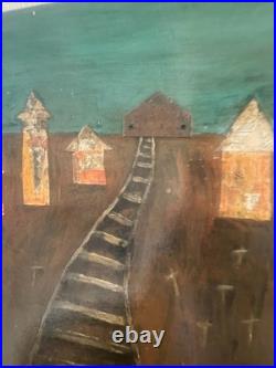 Signed Original Mixed Media Folk Art Painting on Wood Railroad Village 24x24