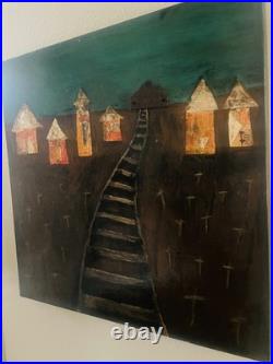 Signed Original Mixed Media Folk Art Painting on Wood Railroad Village 24x24