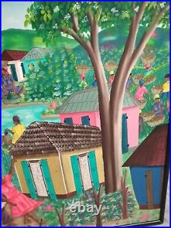 Signed Painting Haitian town party- celebration, Folk Art 30 x 40