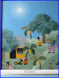 Signed Rojas'94 Folk Art Painting framed Village Scene criminal Art 19 X 22.5