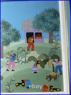 Signed Rojas'94 Folk Art Painting framed Village Scene criminal Art 19 X 22.5