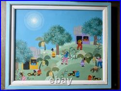 Signed Rojas'94 Folk Art Painting framed Village Scene criminal Art 19 X 22.5
