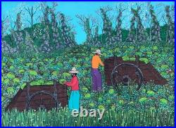Signed Valton Murray 1991 Folk Art Painting Of Watermelon Farmers In Original FR