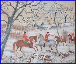Signed Vintage Folk Art Fox Hunt Figures Horse Dogs Cityscape Landscape Painting
