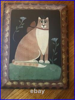 Signed Wendy Presseisen (NY) Original Folk Art Painting Cat on Wood Panel OOAK