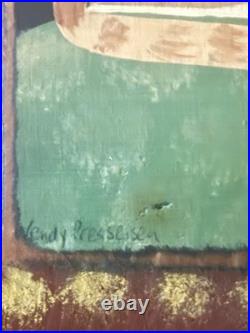 Signed Wendy Presseisen (NY) Original Folk Art Painting Cat on Wood Panel OOAK