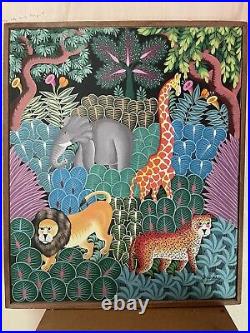 Signed original joel gauthier jungle tropical haitian folk art painting vintage