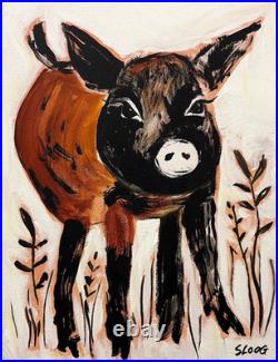 Sloog Original Art Modern Neutral Folk Art Painting on Canvas 11x14 Brown Piglet