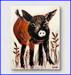 Sloog Original Art Modern Neutral Folk Art Painting on Canvas 11x14 Brown Piglet