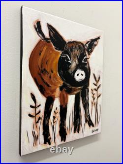 Sloog Original Art Modern Neutral Folk Art Painting on Canvas 11x14 Brown Piglet