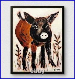 Sloog Original Art Modern Neutral Folk Art Painting on Canvas 11x14 Brown Piglet