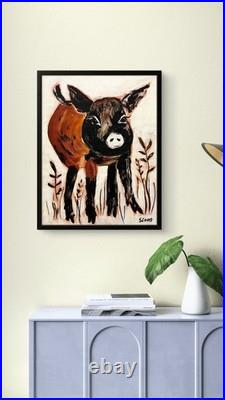 Sloog Original Art Modern Neutral Folk Art Painting on Canvas 11x14 Brown Piglet