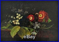 Small 19th c. Still Life Oil Painting Flowers Floral Folk Art Primitive Antique