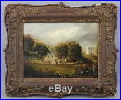 Small Antique 18thC Primitive Folk Art Genre Wood Panel Oil Painting & Frame, NR