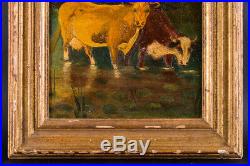 Small Antique American Folk Art Oil Painting Portrait Of Cows