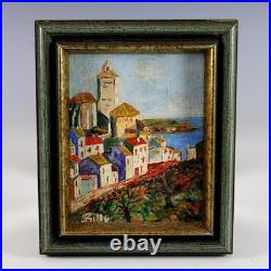 Small Folk Art Oil Painting of a City Scape on the Coast Small Folk Art Oil Painting of a City Scape on the Coast