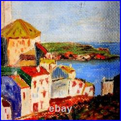 Small Folk Art Oil Painting of a City Scape on the Coast Small Folk Art Oil Painting of a City Scape on the Coast
