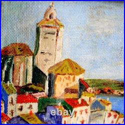 Small Folk Art Oil Painting of a City Scape on the Coast Small Folk Art Oil Painting of a City Scape on the Coast