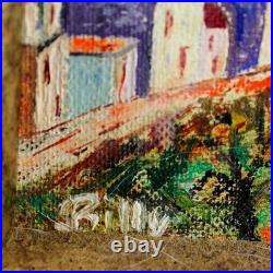 Small Folk Art Oil Painting of a City Scape on the Coast Small Folk Art Oil Painting of a City Scape on the Coast