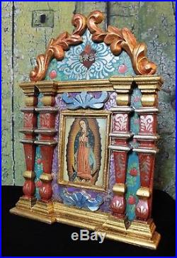 Small Oil Painting Nuestra Señora de Guadalupe Carved Altarpiece Mexico Folk Art