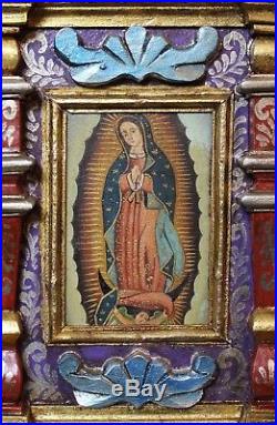 Small Oil Painting Nuestra Señora de Guadalupe Carved Altarpiece Mexico Folk Art