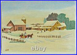 Snow Farm Tiny Horse Sled Waving People Folk Art Naive Vintage Painting