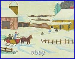 Snow Farm Tiny Horse Sled Waving People Folk Art Naive Vintage Painting